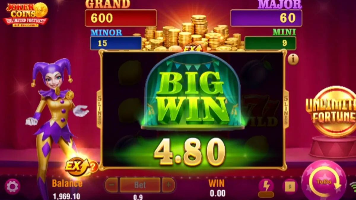 Tampilan visual slot Joker Coins Unlimited Fortune dengan tema neon dan simbol buah klasik.